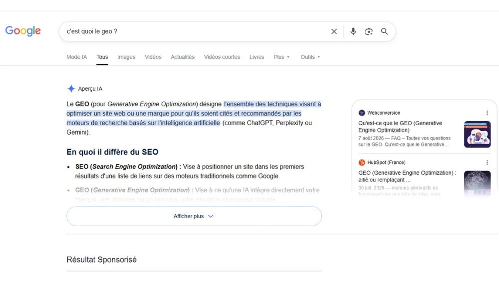 Illustration Résumé AI Overview Google - Article “Comment être cité par IA Overview ?” Blog Vert Plume Webmarketing